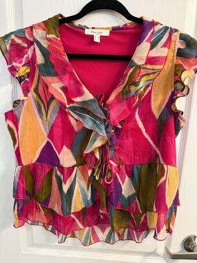 Haver & Blair Romantic Abstract Multi Color Ruffle Tie-Front Blouse